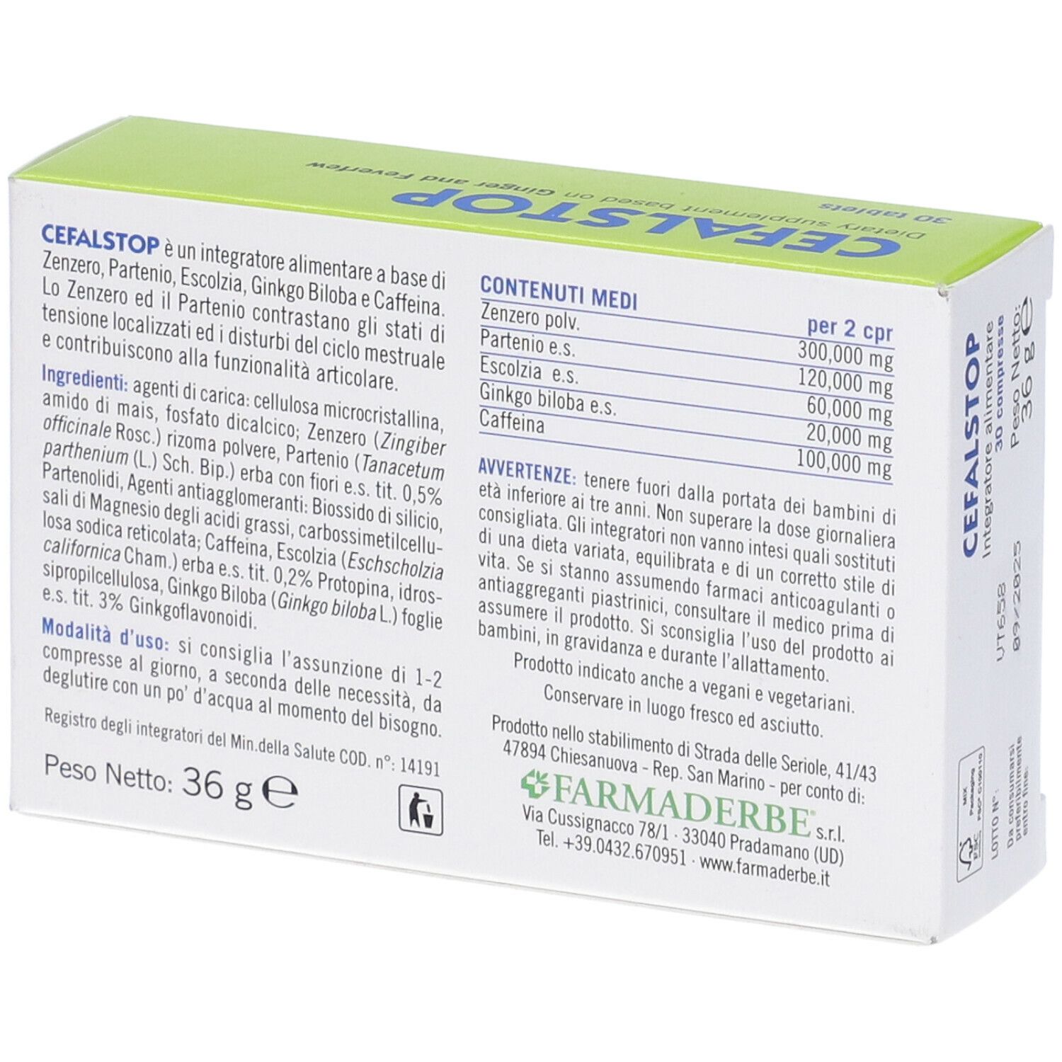 Retro della scatola 'CEFALSTOP'. Ingredienti, dosaggio, avvertenze. Marchio: Farmaderbe.
