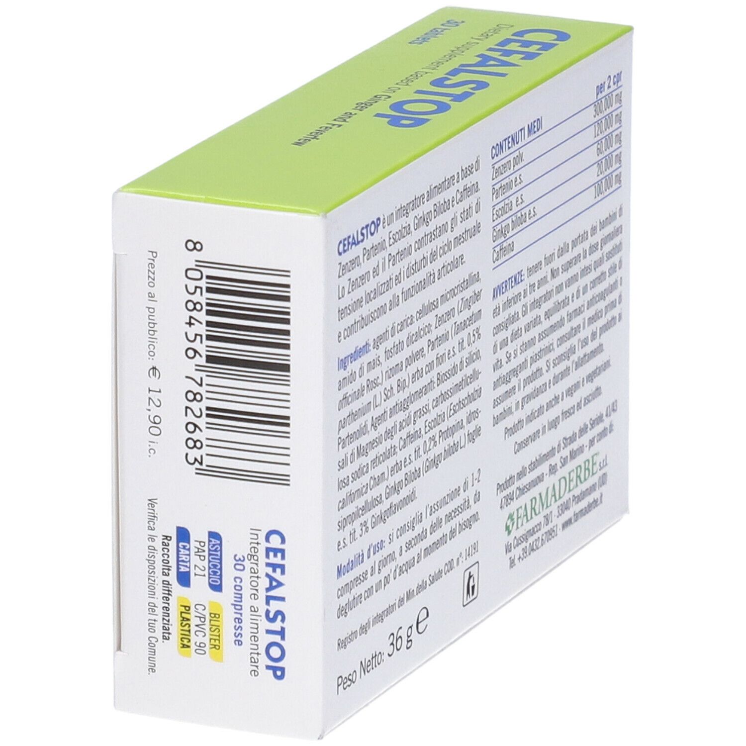 Scatola 'CEFALSTOP' con 30 compresse. Ingredienti, prezzo, avvertenze. Marchio: Farmaderbe.