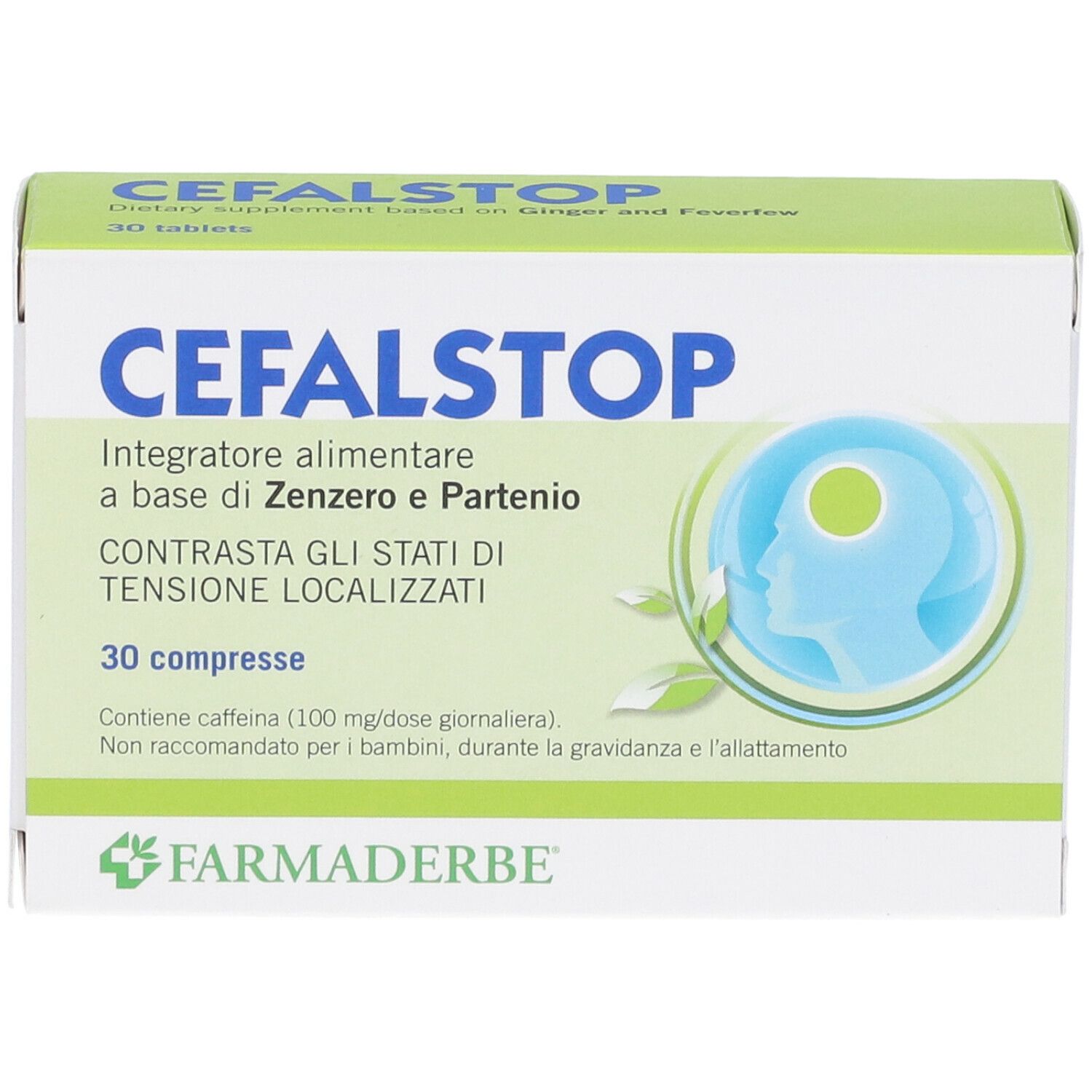 Scatola di compresse 'CEFALSTOP'. Contiene zenzero e partenio. 30 compresse. Marchio: Farmaderbe.