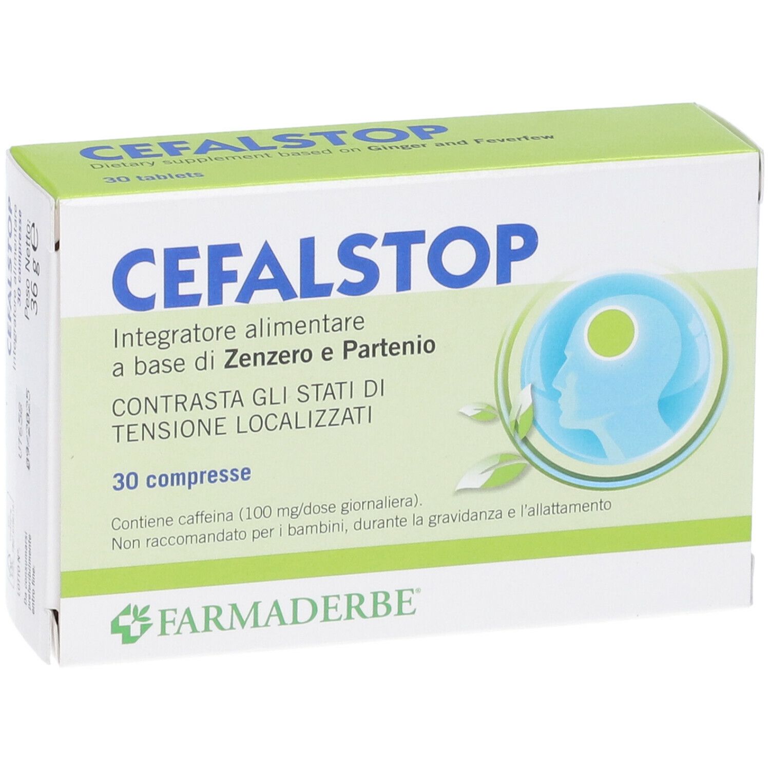 Scatola di compresse 'CEFALSTOP'. Contiene zenzero e partenio. 30 compresse. Marchio: Farmaderbe.