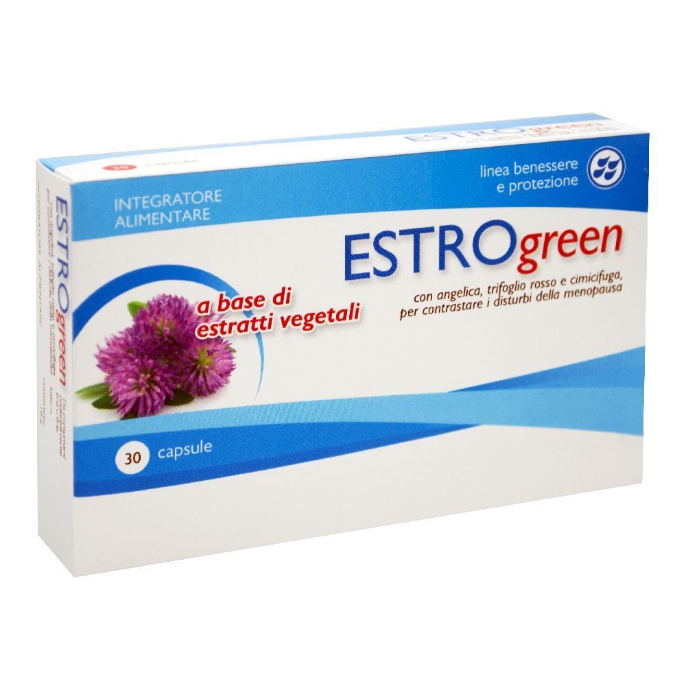Scatola di capsule Estrogreen. Scritta: "a base di estratti vegetali". Contiene 30 capsule. Confezione blu e bianca.