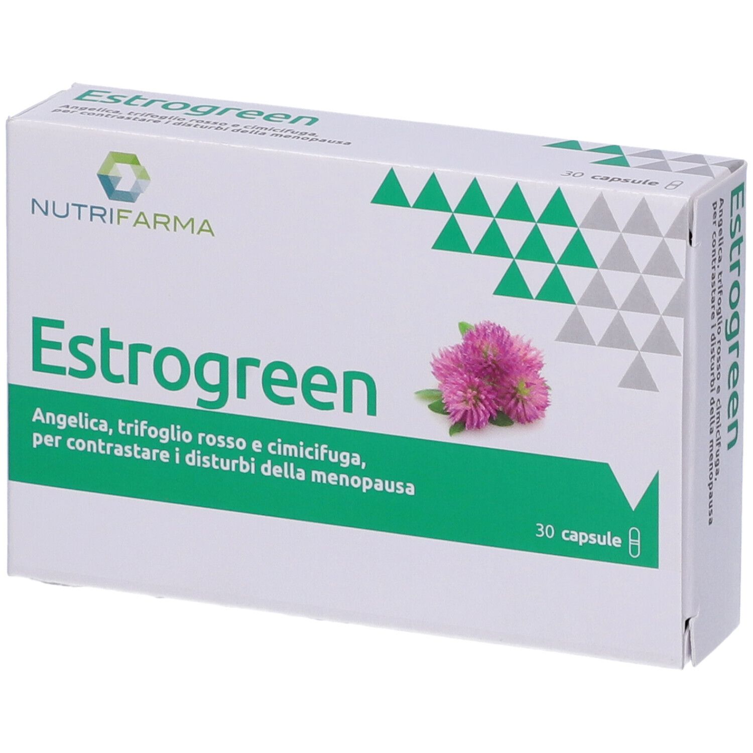 Scatola bianca di capsule Estrogreen. Scritta: "30 capsule". Logo Nutrifarma. Contiene 30 capsule. Con fiore di trifoglio.