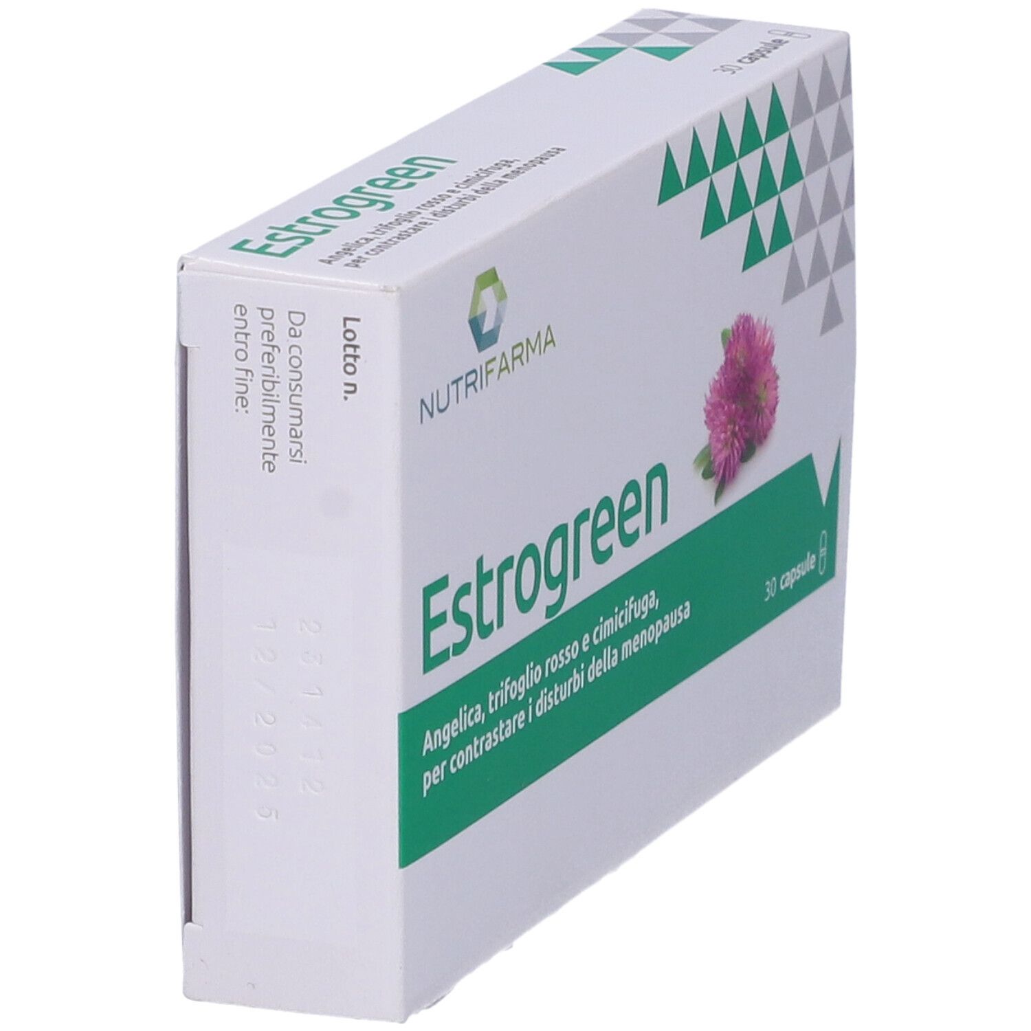 Scatola di capsule Estrogreen. Scritta: "30 capsule". Logo Nutrifarma. Contiene 30 capsule. Con fiore di trifoglio.