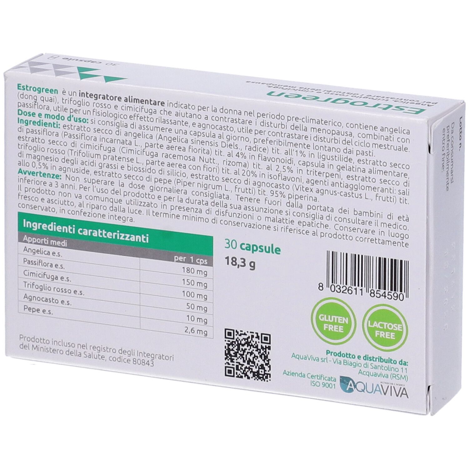 Retro della scatola di capsule Estrogreen. Contiene informazioni su ingredienti, dosaggio e avvertenze. Con sigilli senza glutine e senza lattosio.
