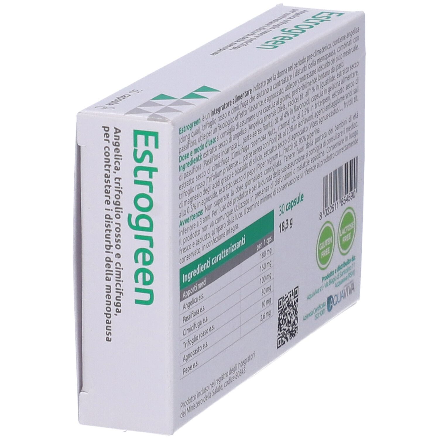 Scatola di capsule Estrogreen. Contiene informazioni su ingredienti, dosaggio e avvertenze. Con sigilli senza glutine e senza lattosio.