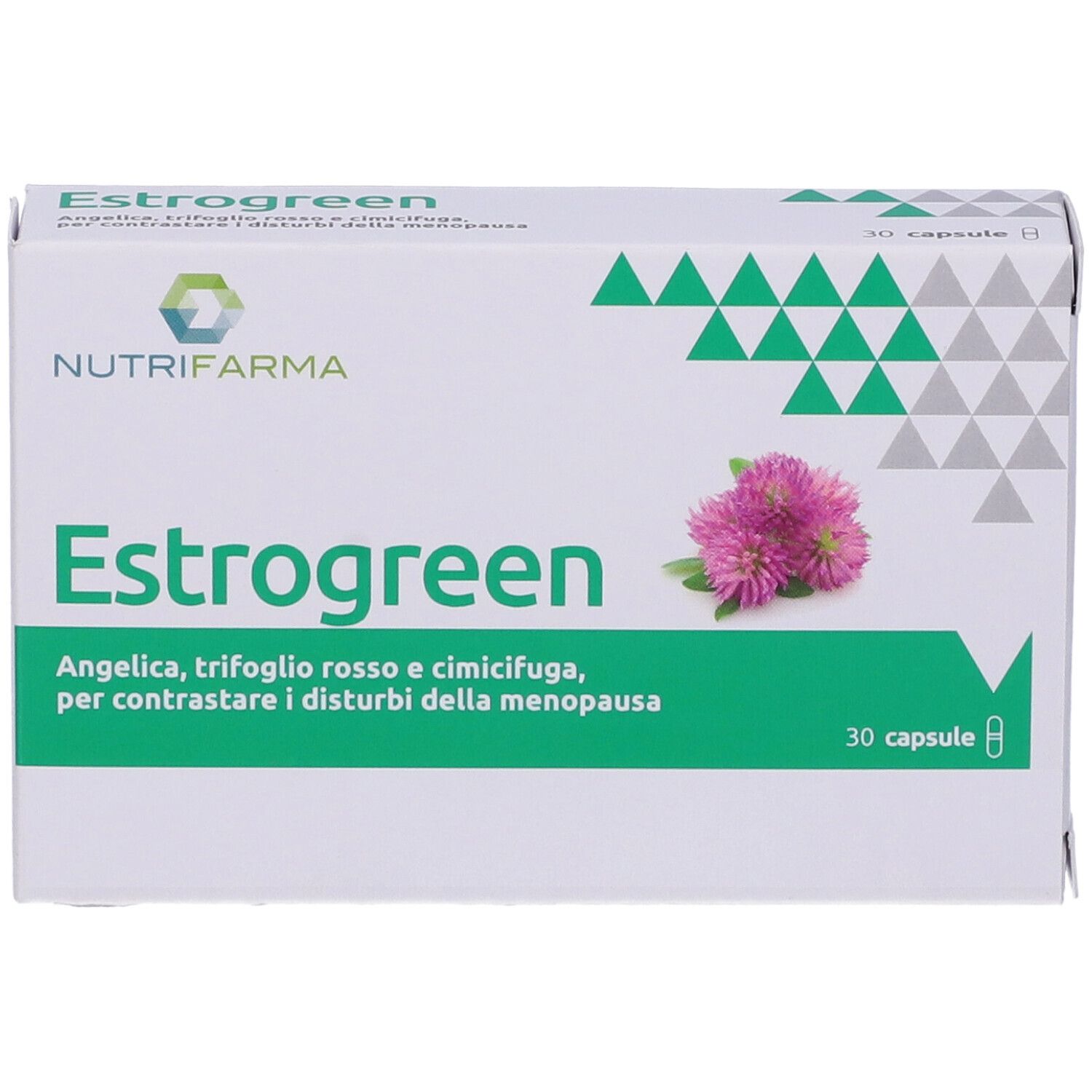 Scatola bianca di capsule Estrogreen. Scritta: "30 capsule". Logo Nutrifarma. Contiene 30 capsule. Con fiore di trifoglio.
