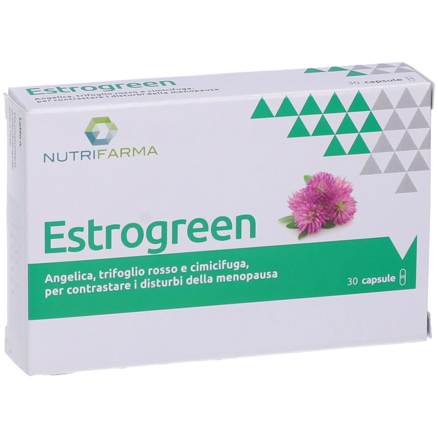 Scatola bianca di capsule Estrogreen. Scritta: "30 capsule". Logo Nutrifarma. Contiene 30 capsule. Con fiore di trifoglio.