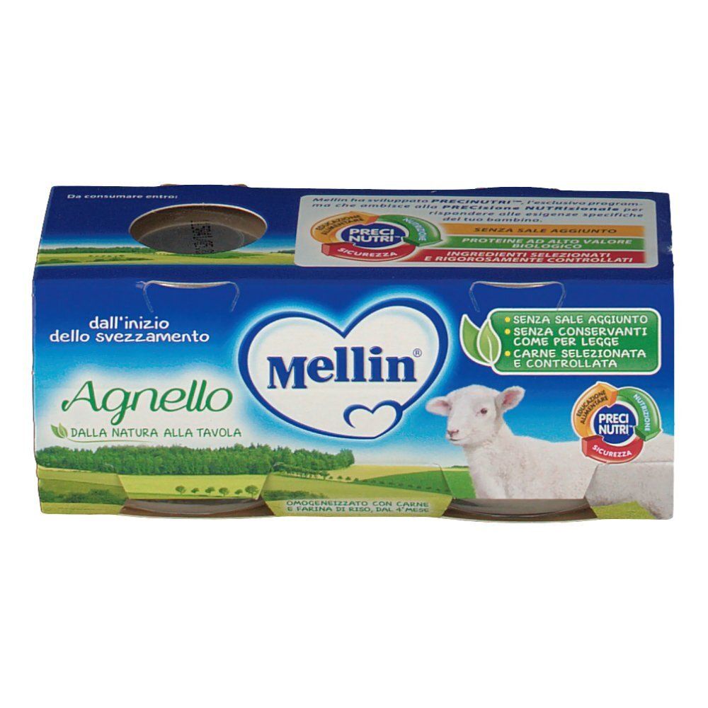 Verpackung mit zwei Gläsern Mellin Agnello. Blaue Verpackung mit Produktnamen und Logo. Abbildung eines Lamms.