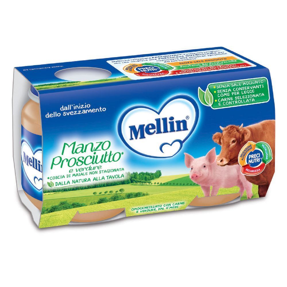 Mellin Babynahrung: Rindfleisch und Schinken mit Gemüse, 4er-Pack.