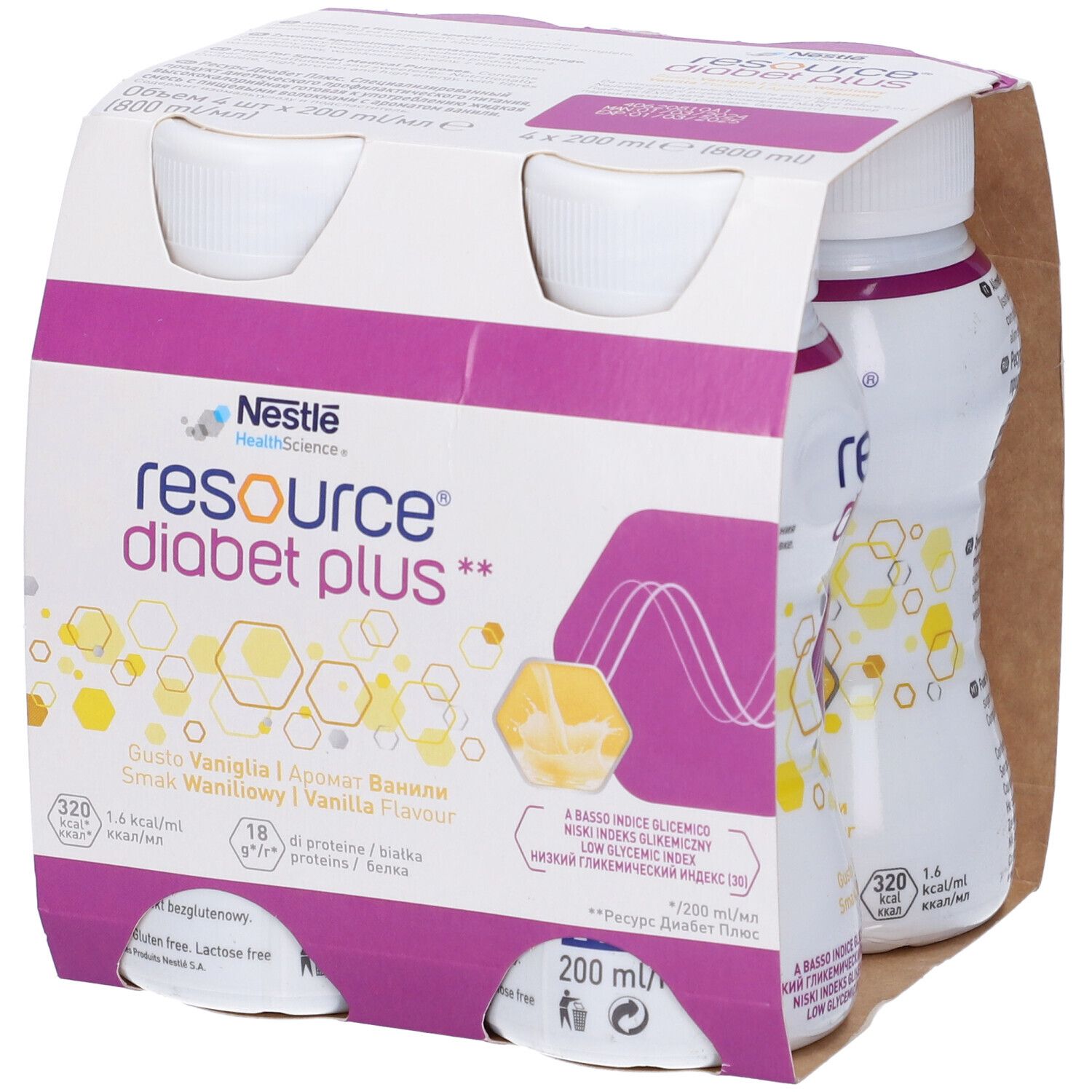 Confezione da 4 bottiglie Resource Diabet Plus Vaniglia. Logo Nestlé. Bottiglie in confezione di cartone con dettagli viola.