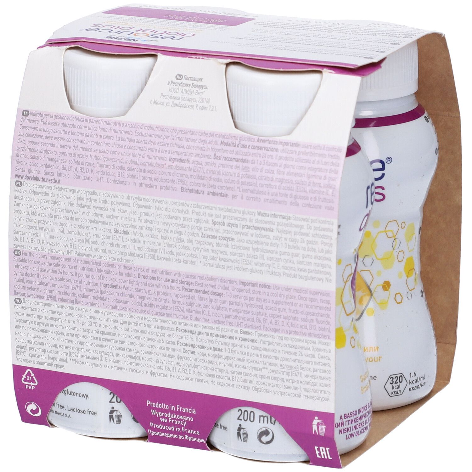 Confezione da 4 bottiglie Resource Diabet Plus Vaniglia. Logo Nestlé. Bottiglie in confezione di cartone con dettagli viola.