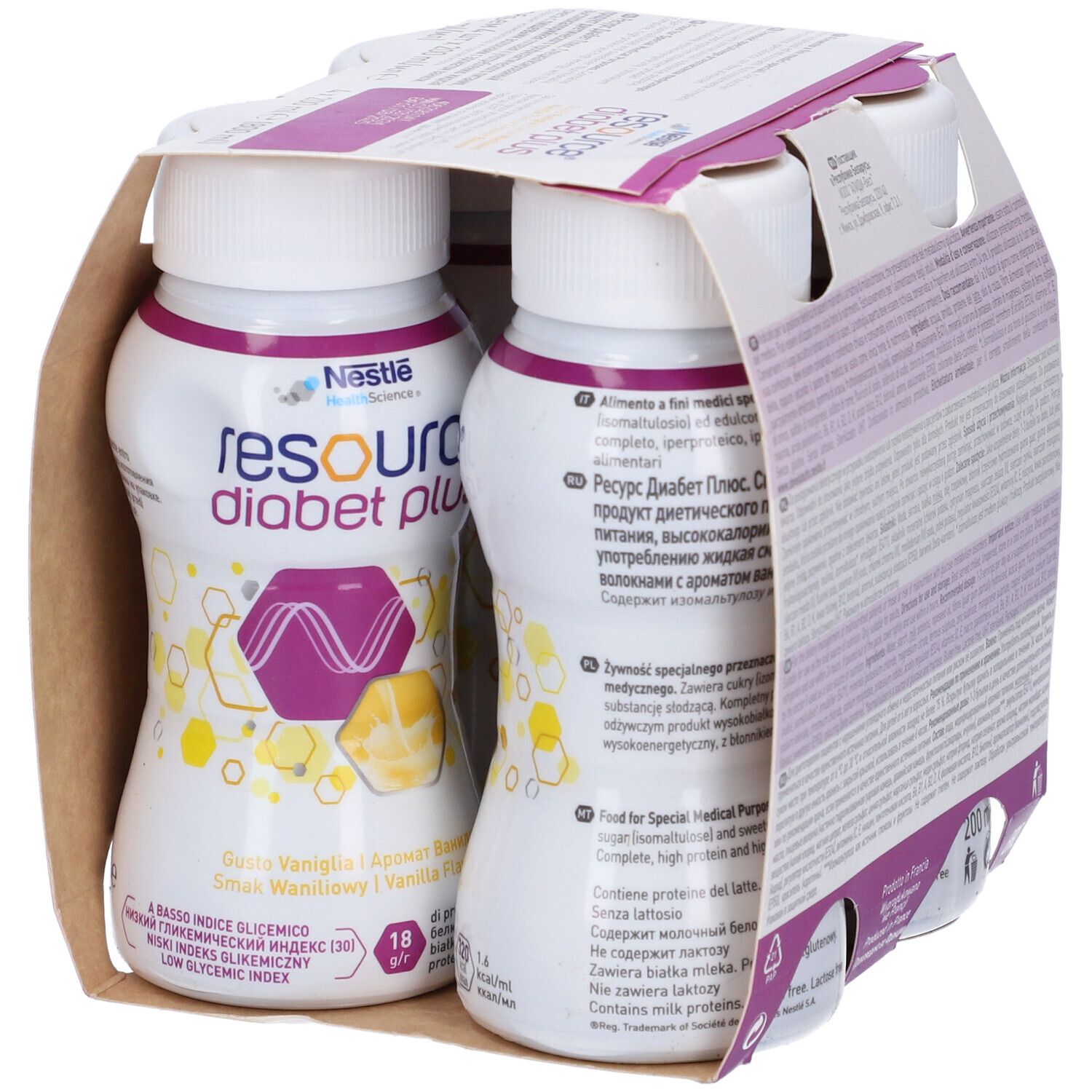 Confezione da 4 bottiglie Resource Diabet Plus Vaniglia. Logo Nestlé. Bottiglie in confezione di cartone con dettagli viola.