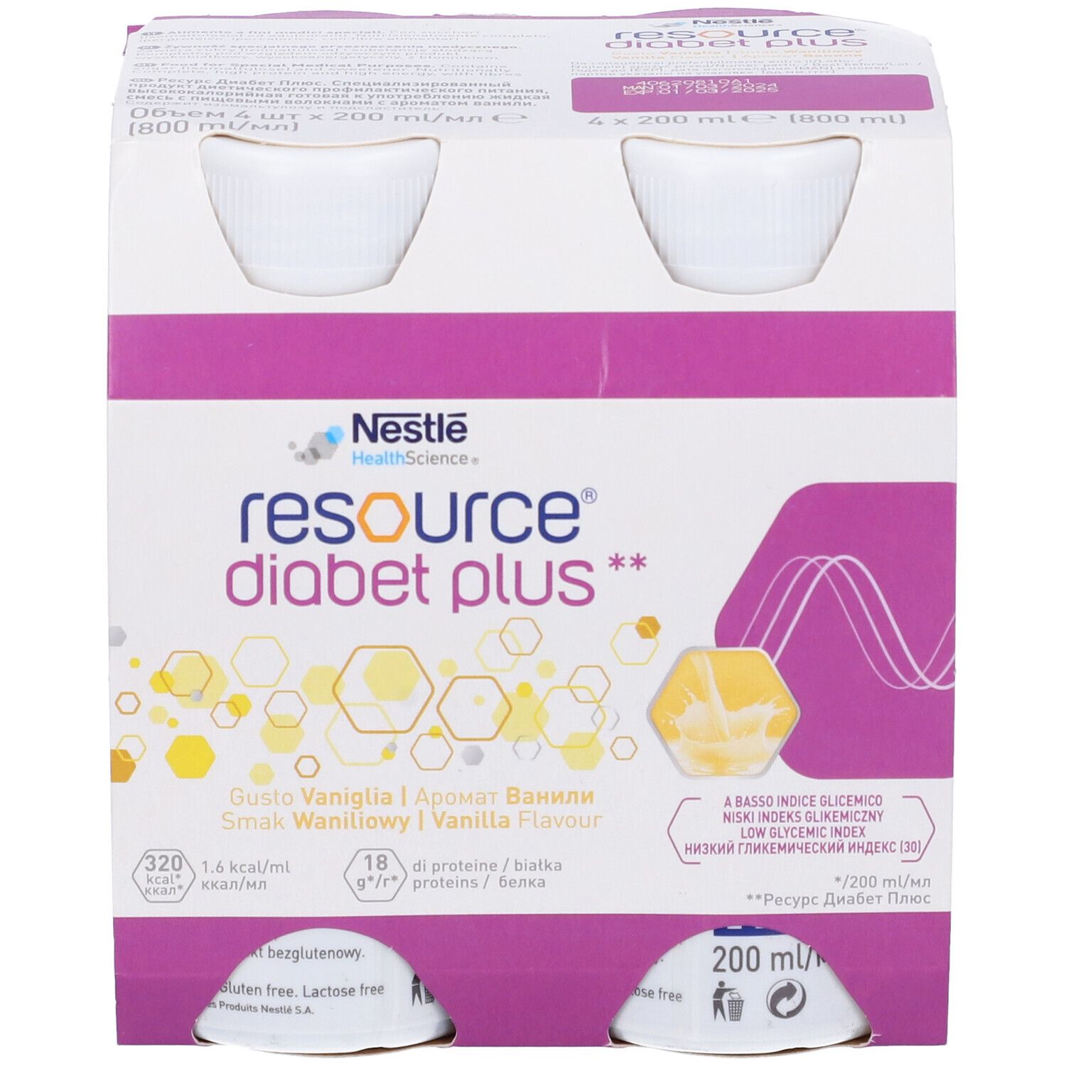 Confezione da 4 bottiglie Resource Diabet Plus Vaniglia. Logo Nestlé. Bottiglie in confezione di cartone con dettagli viola.