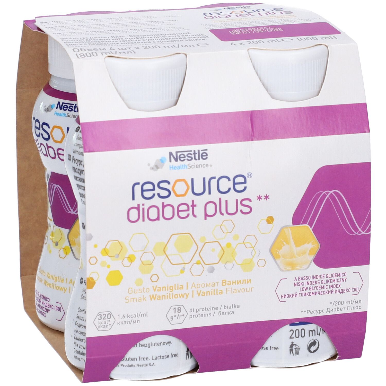 Confezione da 4 bottiglie Resource Diabet Plus Vaniglia. Logo Nestlé. Bottiglie in confezione di cartone con dettagli viola.