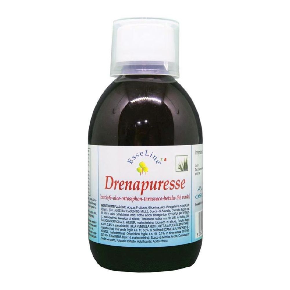 Liquido marrone in bottiglia con tappo bianco. L'etichetta riporta "Drenapuresse" e il marchio "EsseLine".