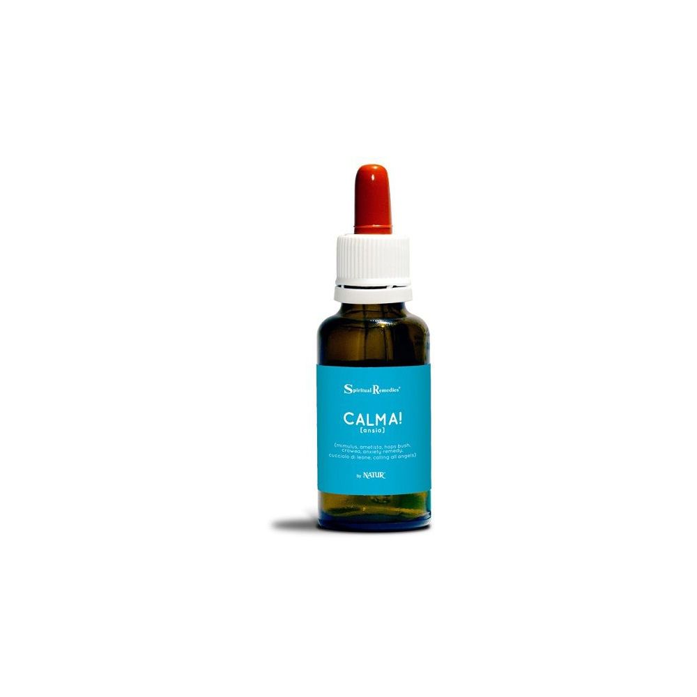 Flacone di vetro marrone con contagocce rosso. Etichetta blu con testo bianco: CALMA! Natur Mix.