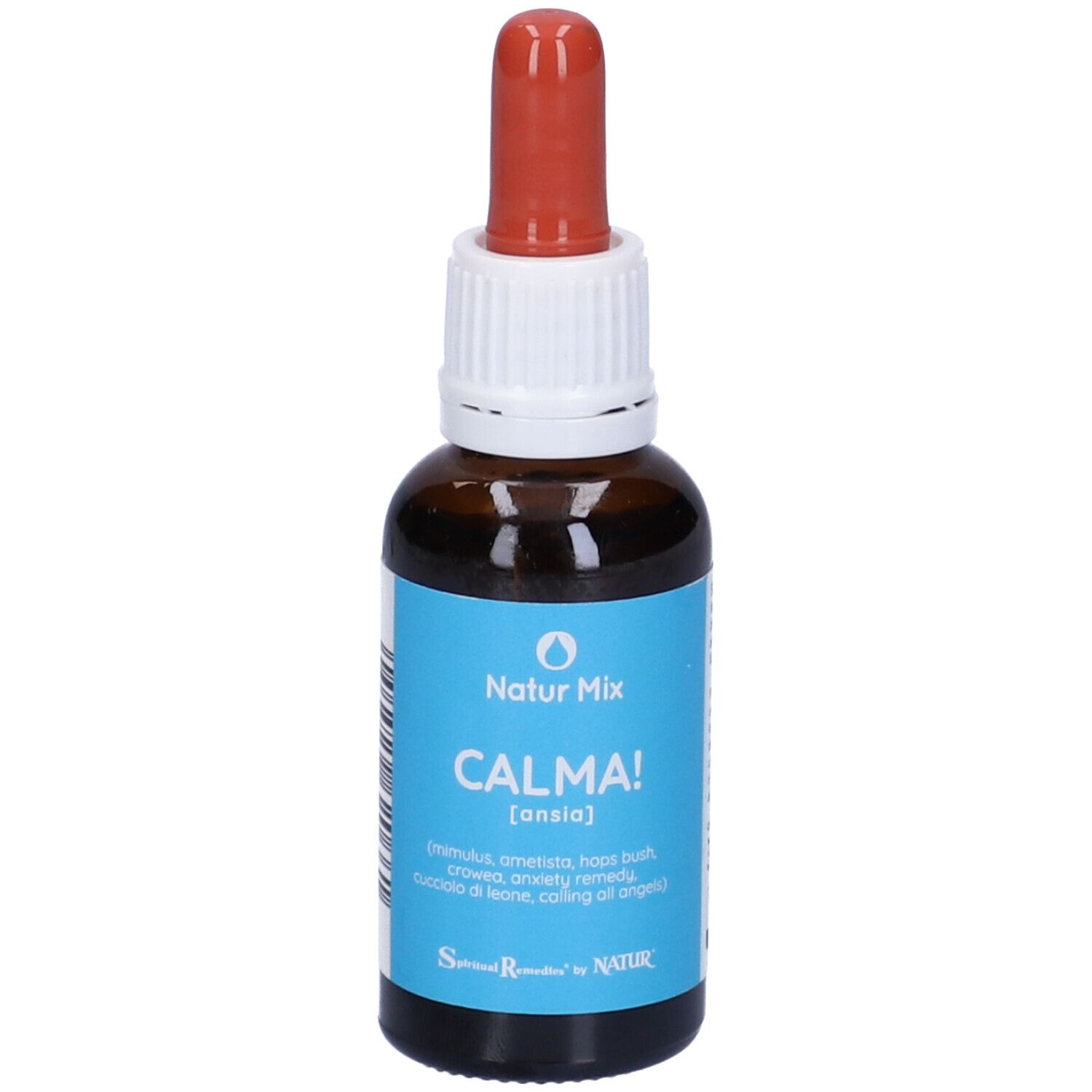 Flacone vetro marrone con contagocce rosso. Etichetta blu con testo bianco: CALMA! [ansia]. Logo Natur Mix.