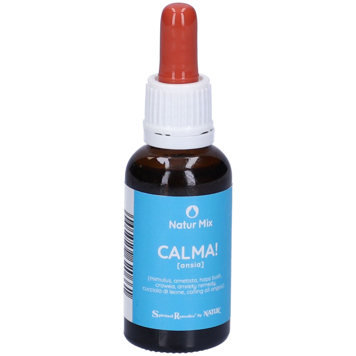 Flacone vetro marrone con contagocce rosso. Etichetta blu con testo bianco: CALMA! [ansia]. Logo Natur Mix.