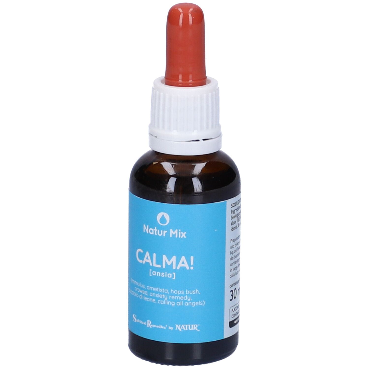 Flacone vetro marrone con contagocce rosso. Etichetta blu con testo bianco: CALMA! [ansia]. 30 ml.