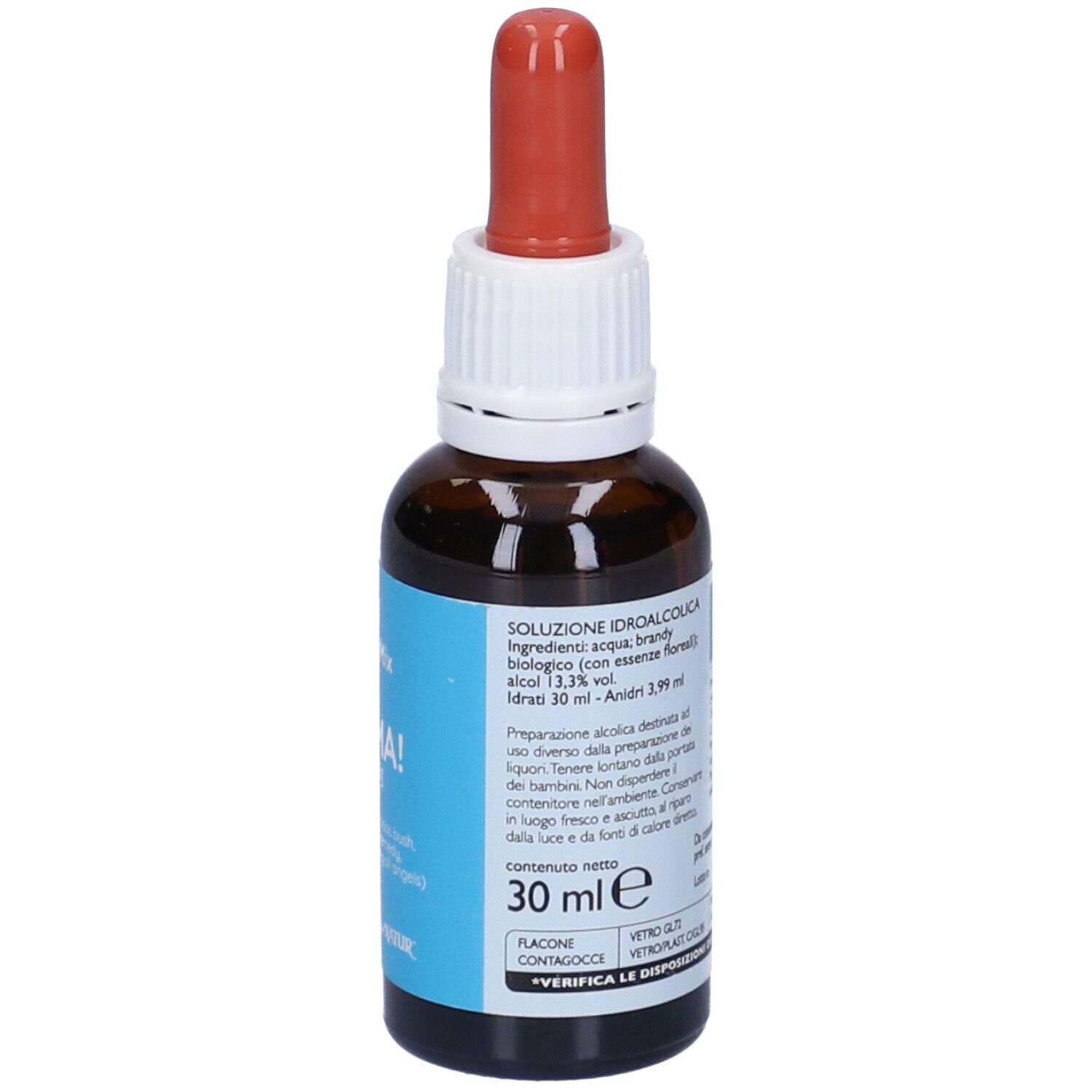 Flacone vetro marrone con contagocce rosso. Etichetta blu con testo bianco. 30 ml. Ingredienti e istruzioni per l'uso.