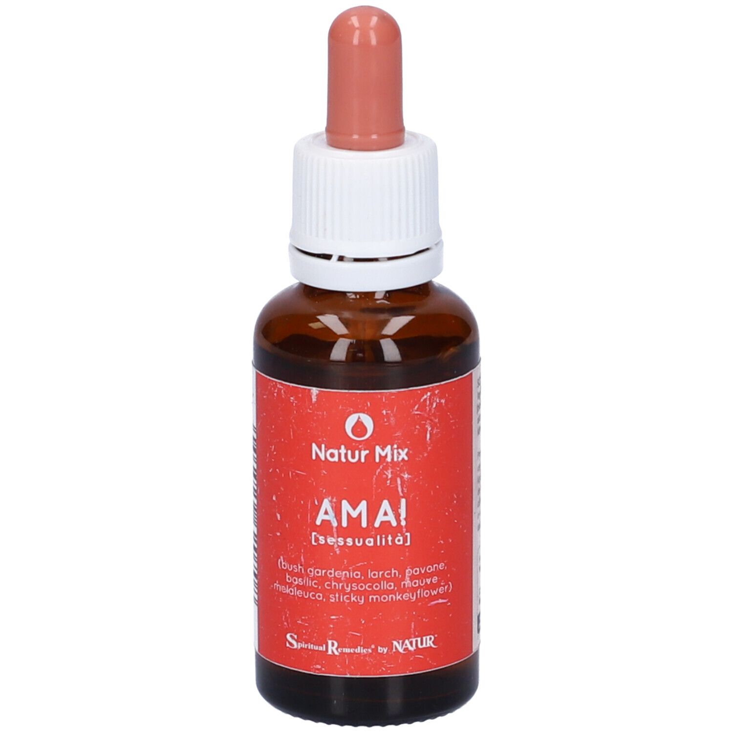 Flacone di vetro marrone con etichetta rossa. Scritta: Natur Mix AMA! (Sessualità). Contagocce.
