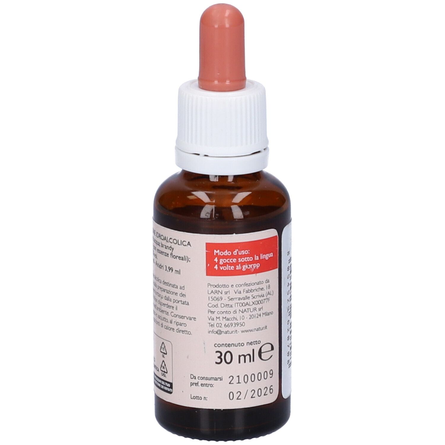 Flacone di vetro marrone con etichetta rossa. Scritta: Natur Mix AMA! (Sessualità). Contagocce.