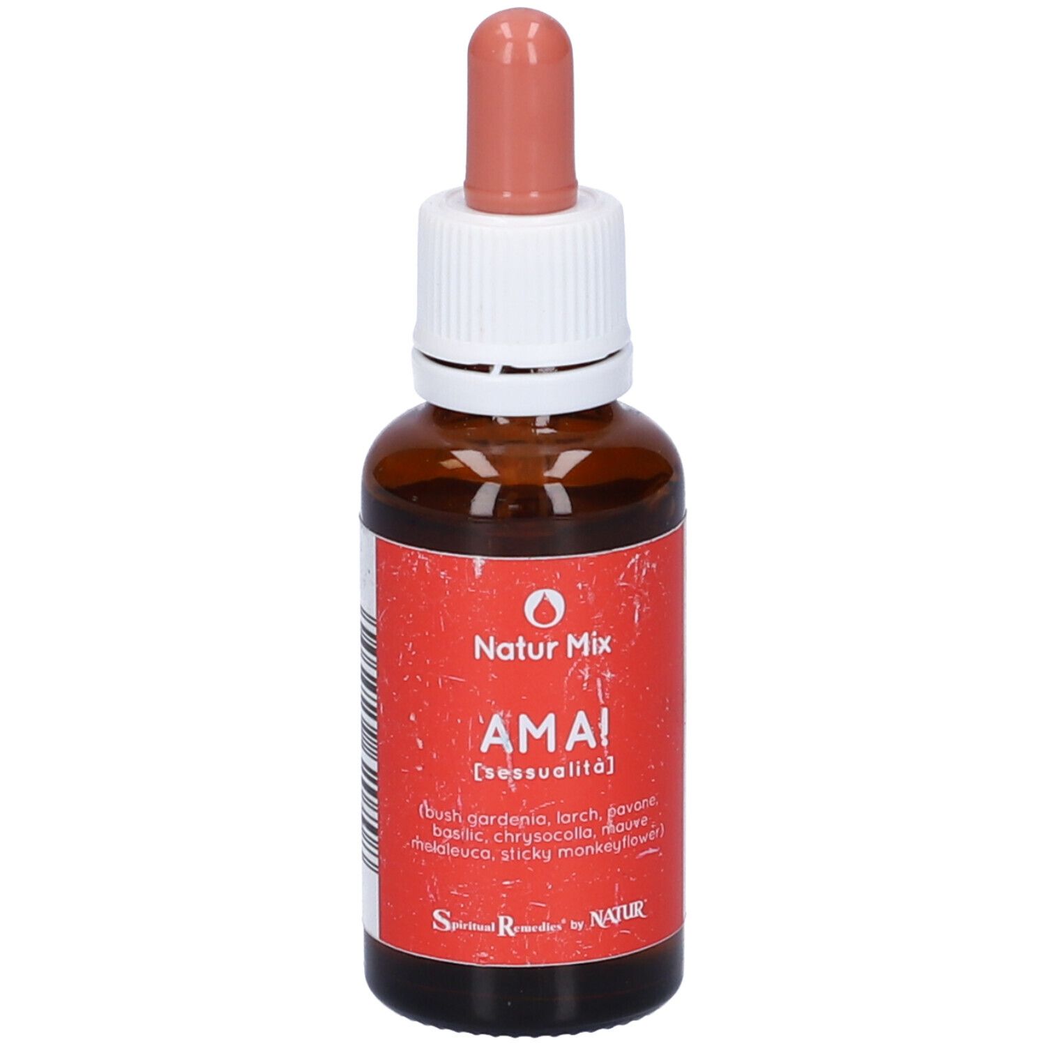 Flacone di vetro marrone con etichetta rossa. Scritta: Natur Mix AMA! (Sessualità). Contagocce.