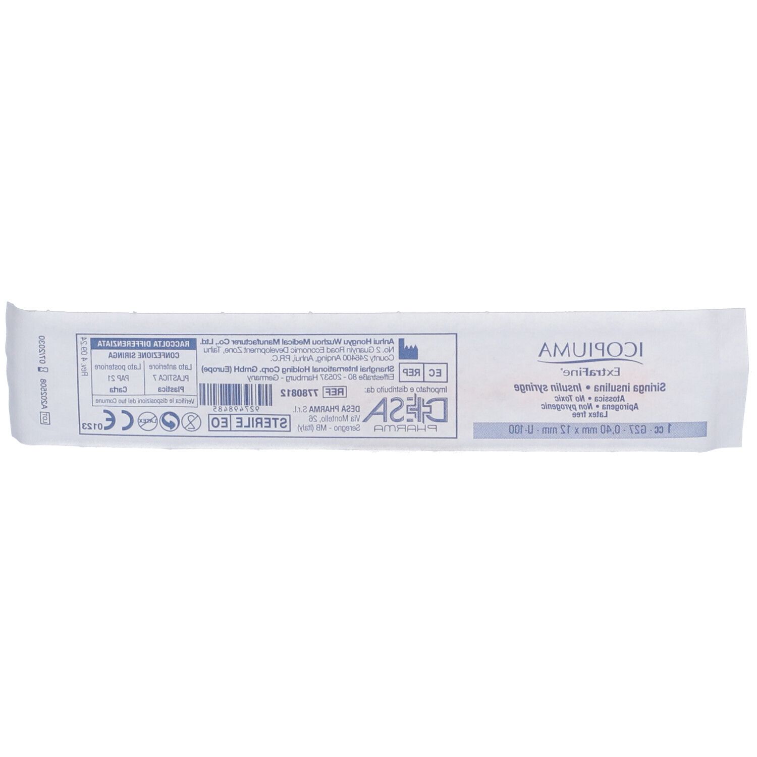 Verpackung einer Insulinspritze. Text und Logos auf weißem Hintergrund. Produktname und Details.
