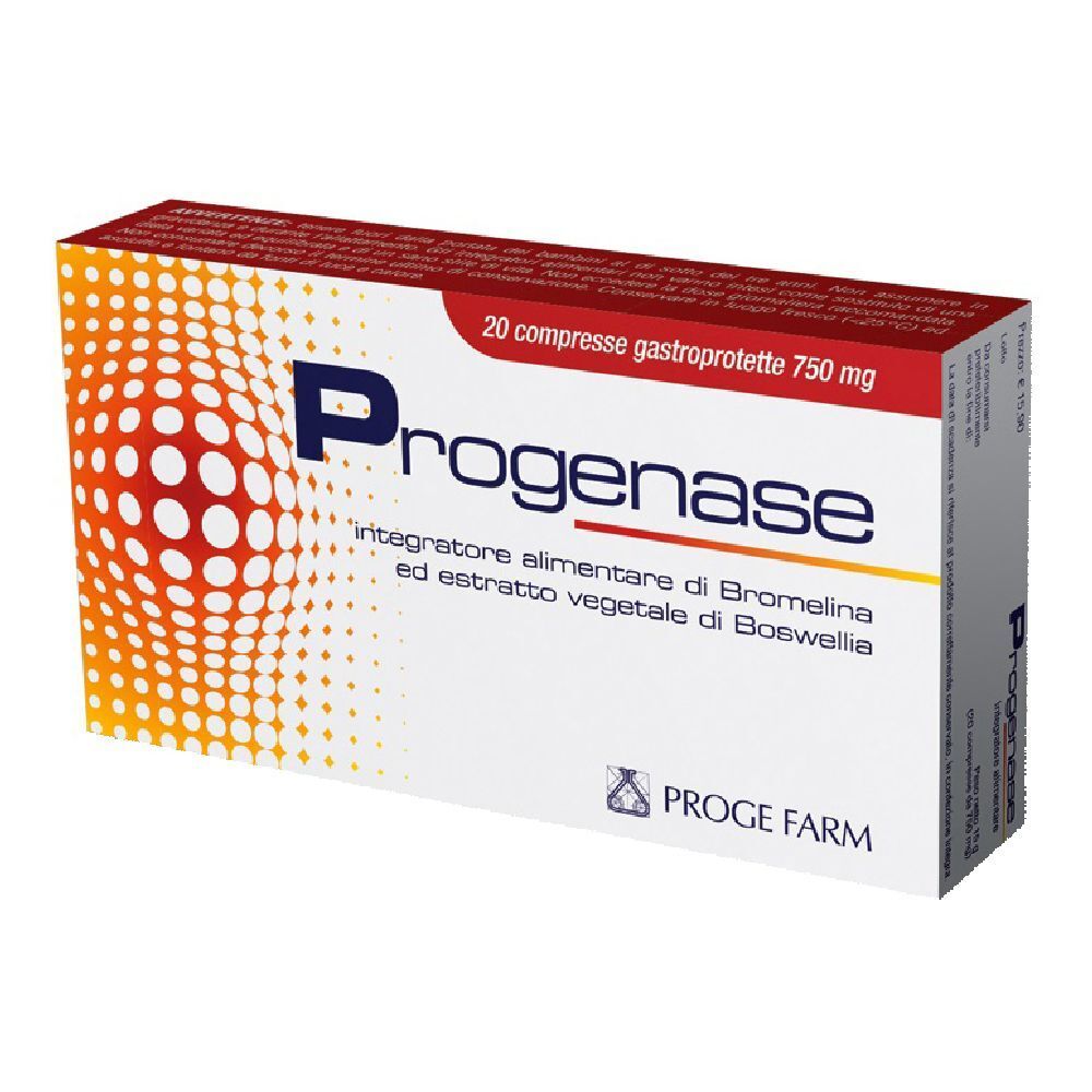 Scatola "Progenase" con 20 compresse gastroprotette. Sfondo arancione e bianco, nome e logo del prodotto.