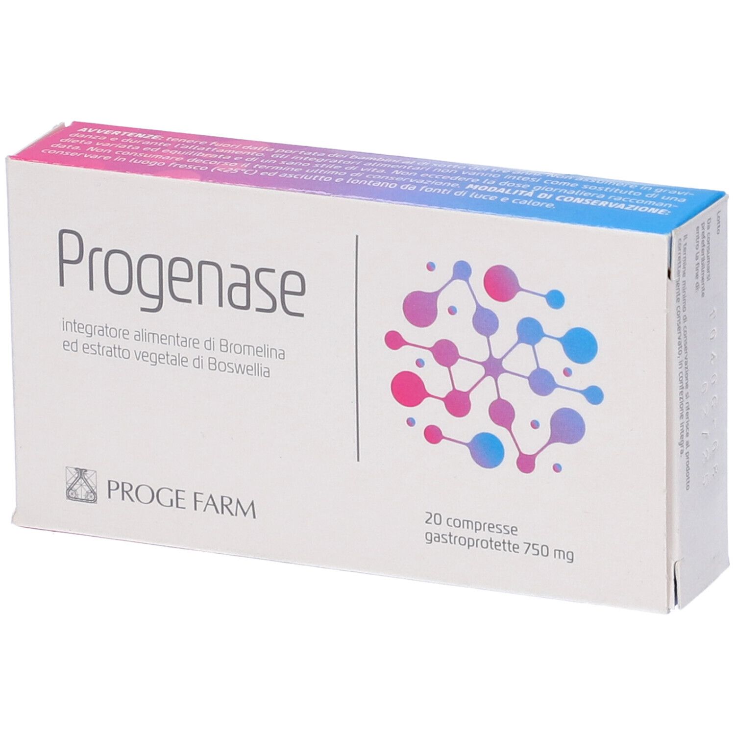 Scatola bianca "Progenase" con 20 compresse. Sfondo viola e blu, nome e logo del prodotto.