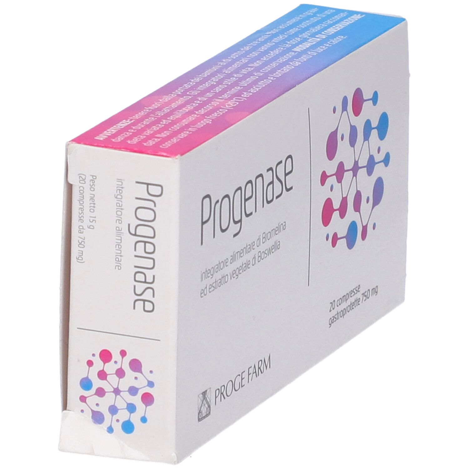 Scatola bianca "Progenase" con 20 compresse. Vista obliqua. Sfondo viola e blu, nome e logo.