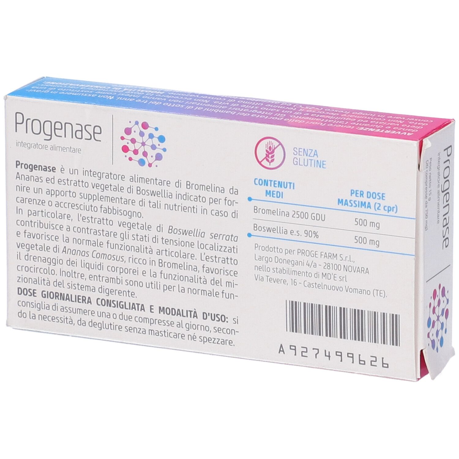 Retro della scatola "Progenase". Contiene informazioni sugli ingredienti e il dosaggio. Sfondo bianco.