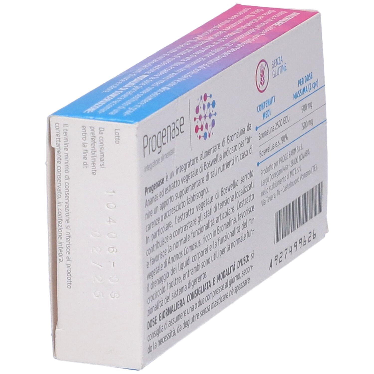 Scatola "Progenase" di lato. Contiene informazioni sugli ingredienti e il dosaggio. Sfondo bianco.