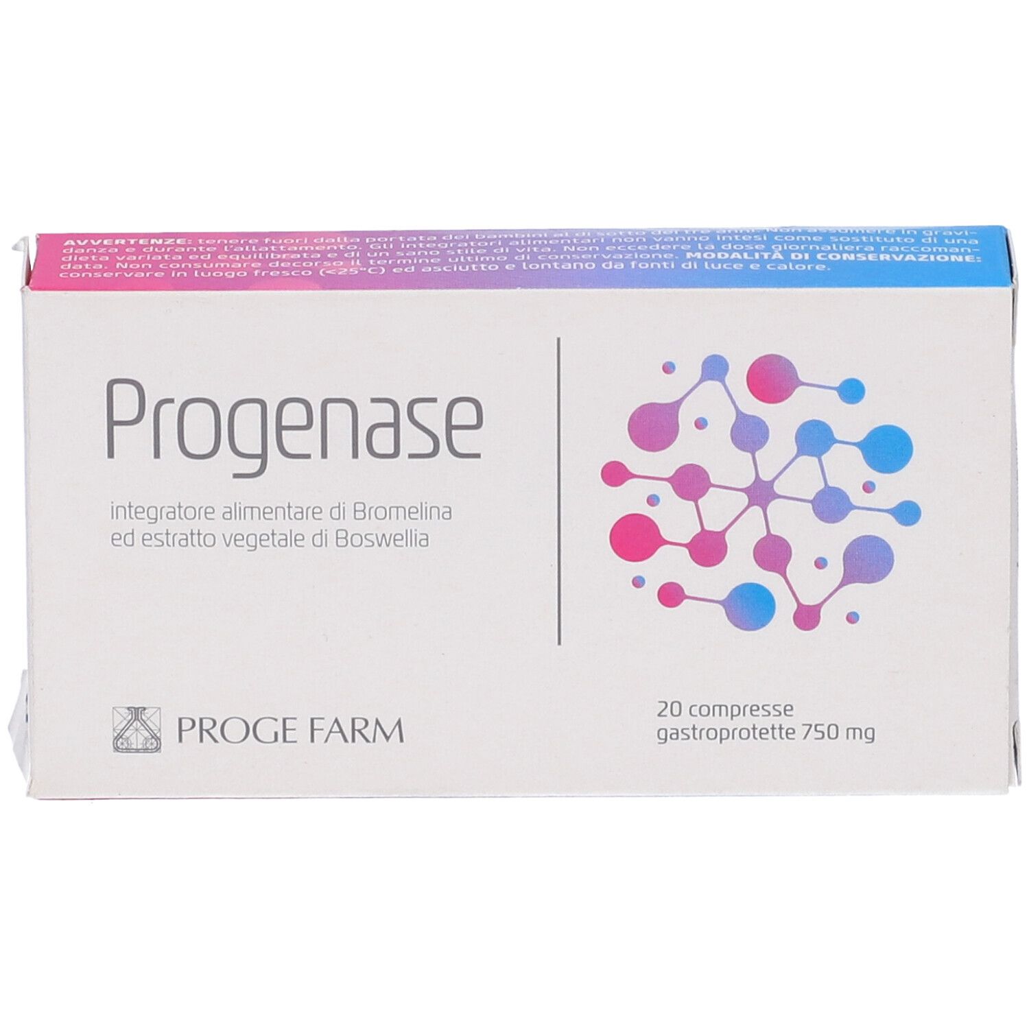 Scatola bianca "Progenase" con 20 compresse. Sfondo viola e blu, nome e logo del prodotto.