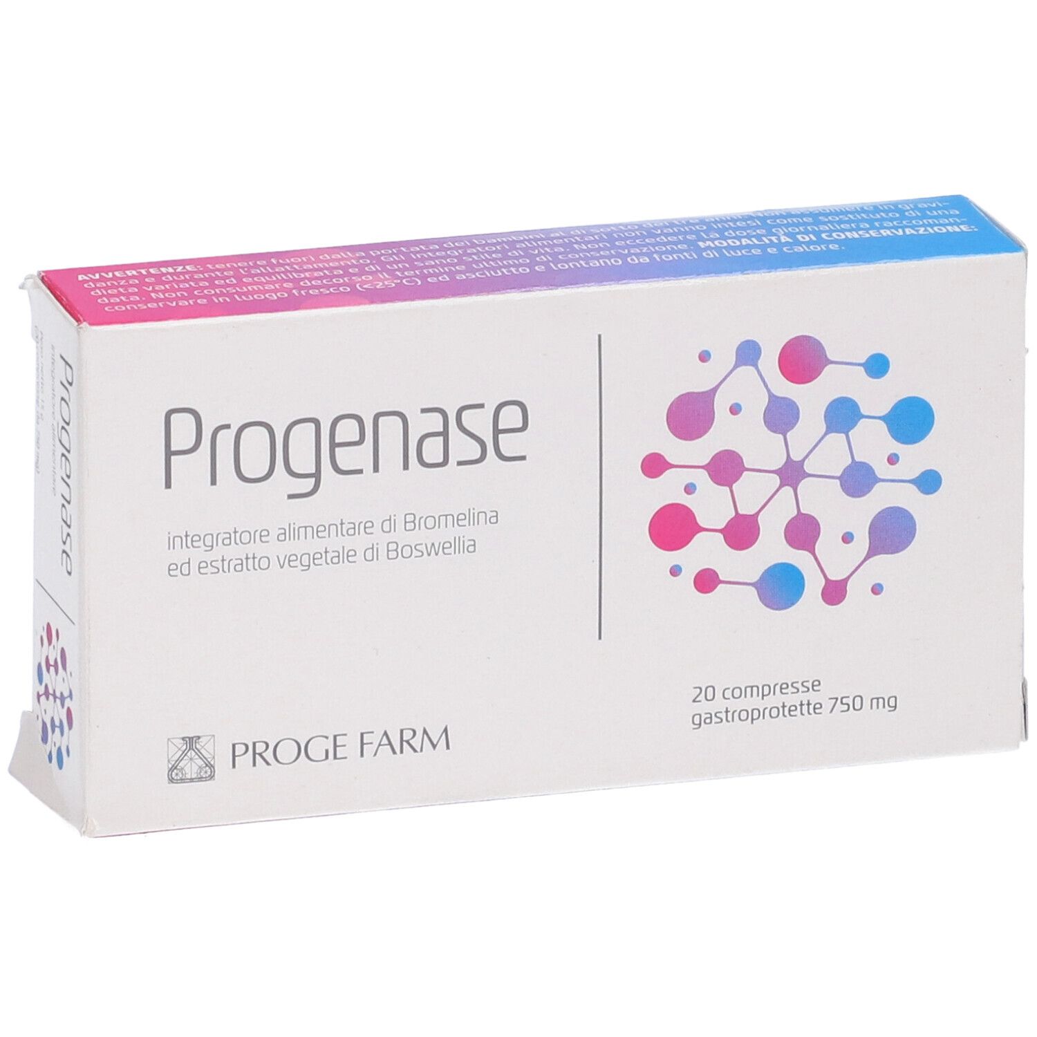 Scatola bianca "Progenase" con 20 compresse. Sfondo viola e blu, nome e logo del prodotto.