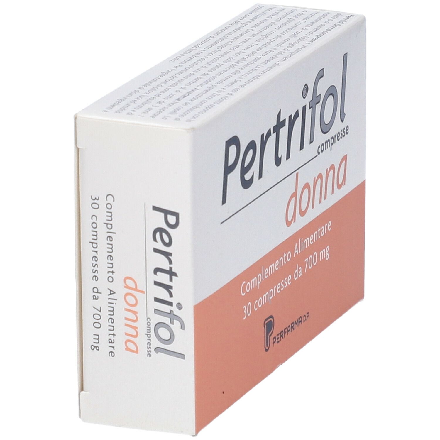 Scatola bianca Pertrifol Donna, 30 compresse. Testo: Complemento Alimentare.