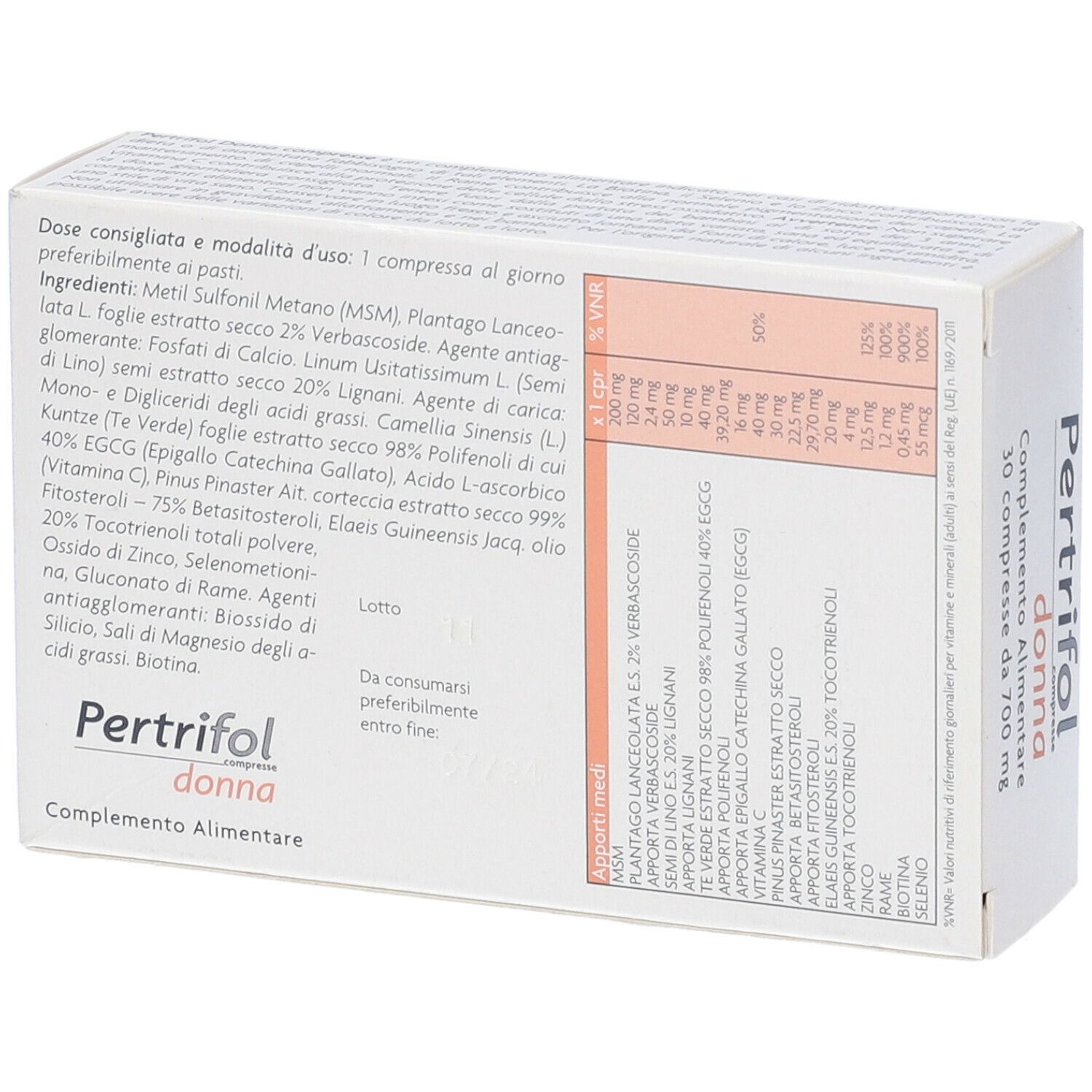 Retro della scatola con ingredienti e informazioni nutrizionali di Pertrifol Donna.