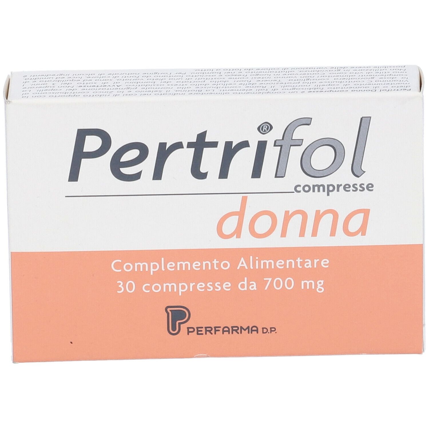 Scatola bianca Pertrifol Donna, 30 compresse. Testo: Complemento Alimentare.