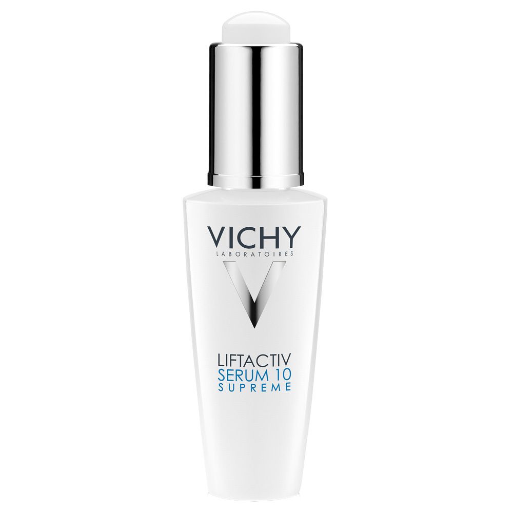 Weiße Flasche mit silbernem Verschluss. Aufschrift: VICHY, LIFTACTIV SERUM 10 SUPREME.