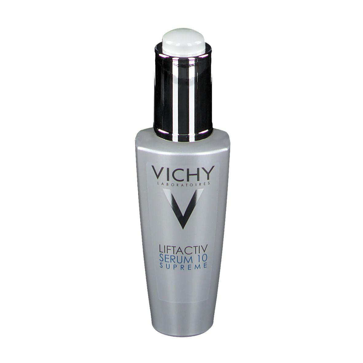 Graue Flasche mit silbernem Verschluss. Aufschrift: VICHY, LIFTACTIV SERUM 10 SUPREME.