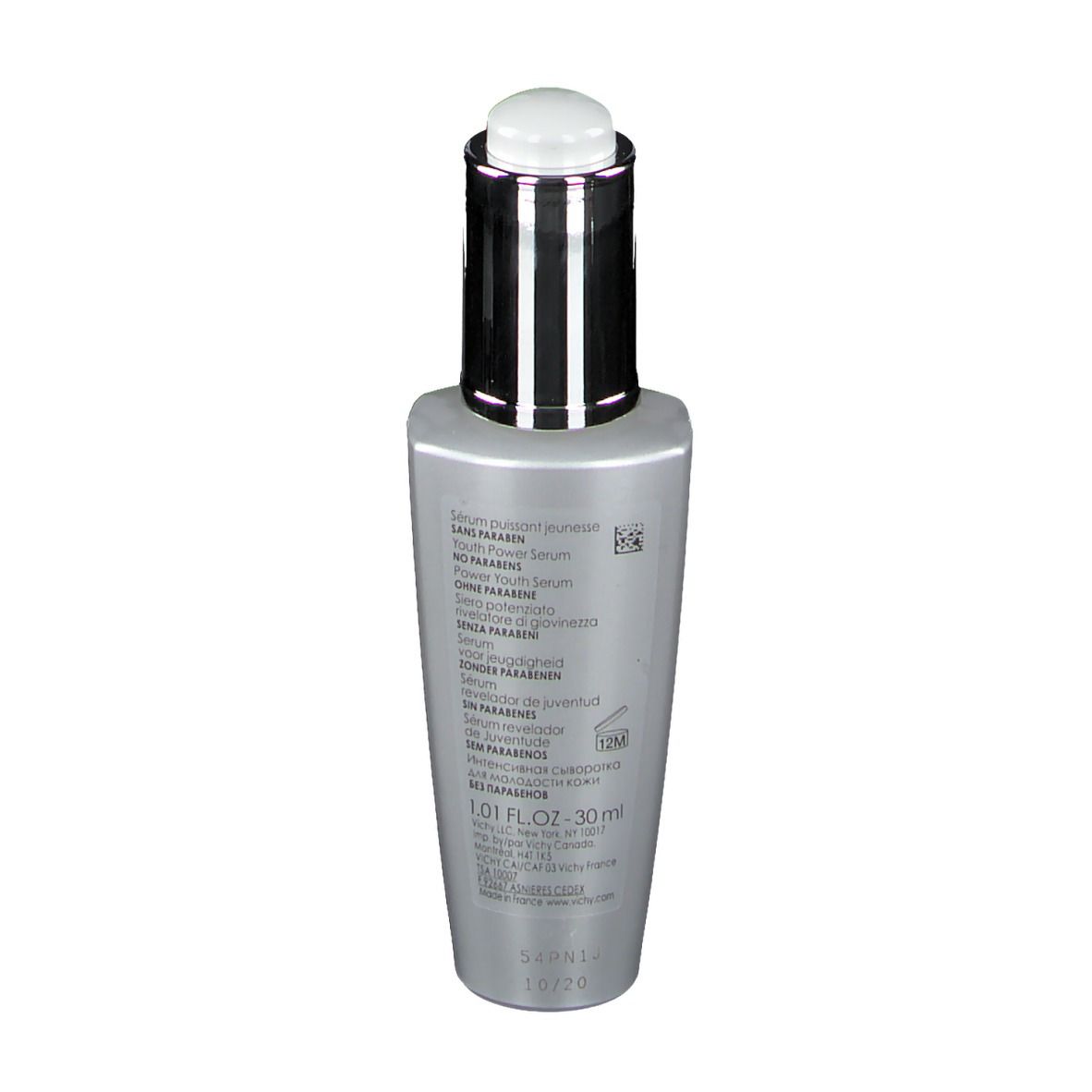 Graue Flasche mit silbernem Verschluss. Aufschrift: VICHY, LIFTACTIV SERUM 10 SUPREME.