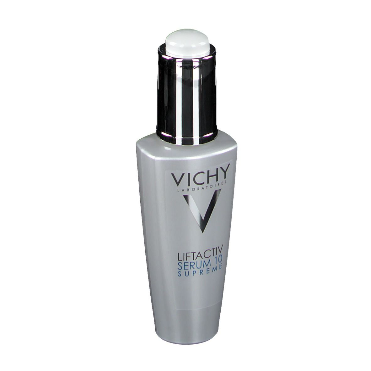 Graue Flasche mit silbernem Verschluss. Aufschrift: VICHY, LIFTACTIV SERUM 10 SUPREME.