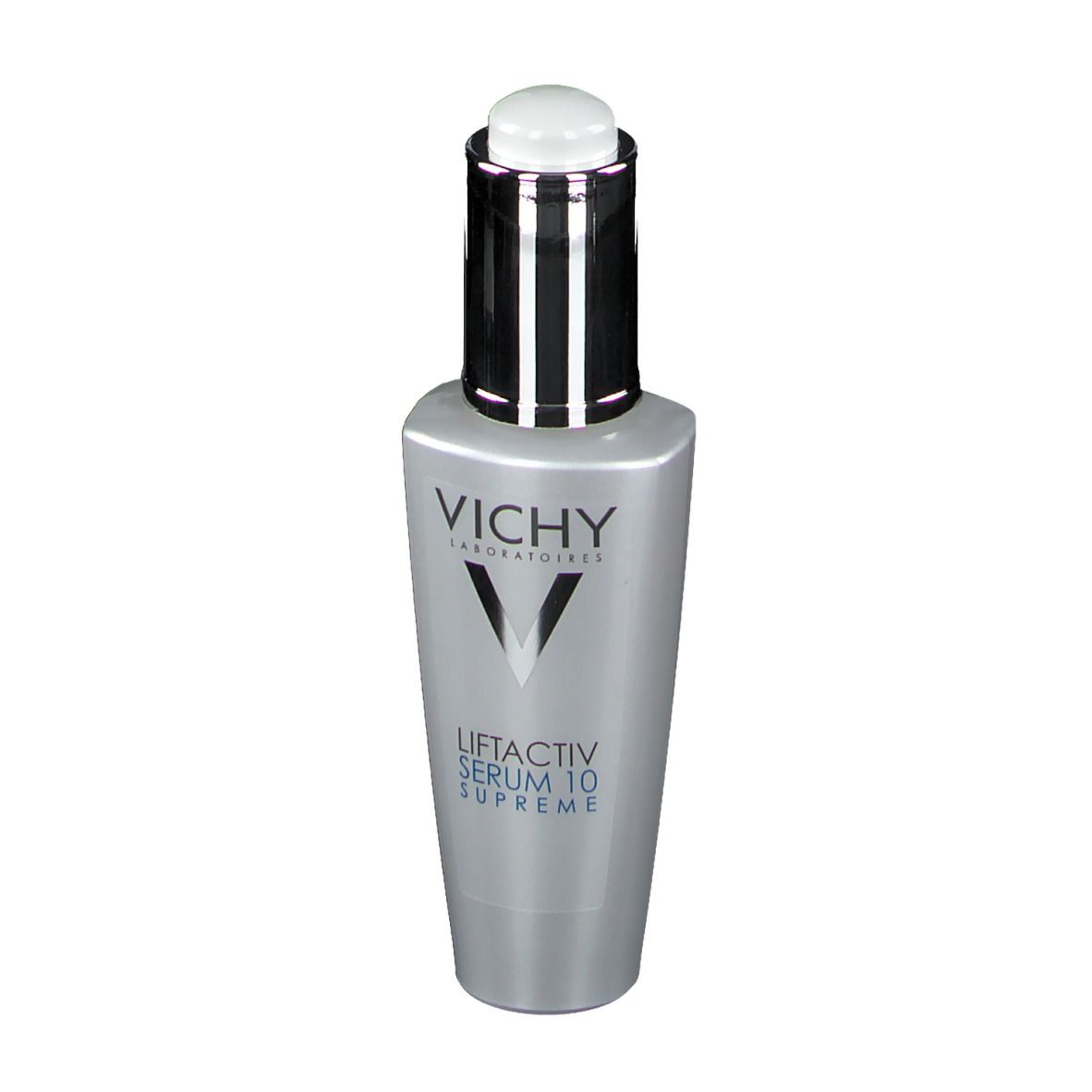 Graue Flasche mit silbernem Verschluss. Aufschrift: VICHY, LIFTACTIV SERUM 10 SUPREME.