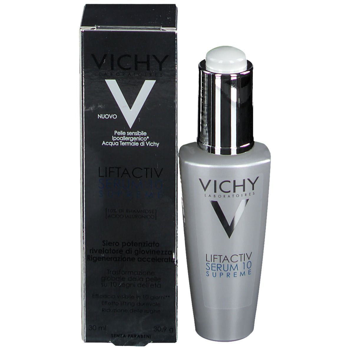Flasche und Schachtel. Aufschrift: VICHY, LIFTACTIV SERUM 10 SUPREME. Schwarze Schachtel.