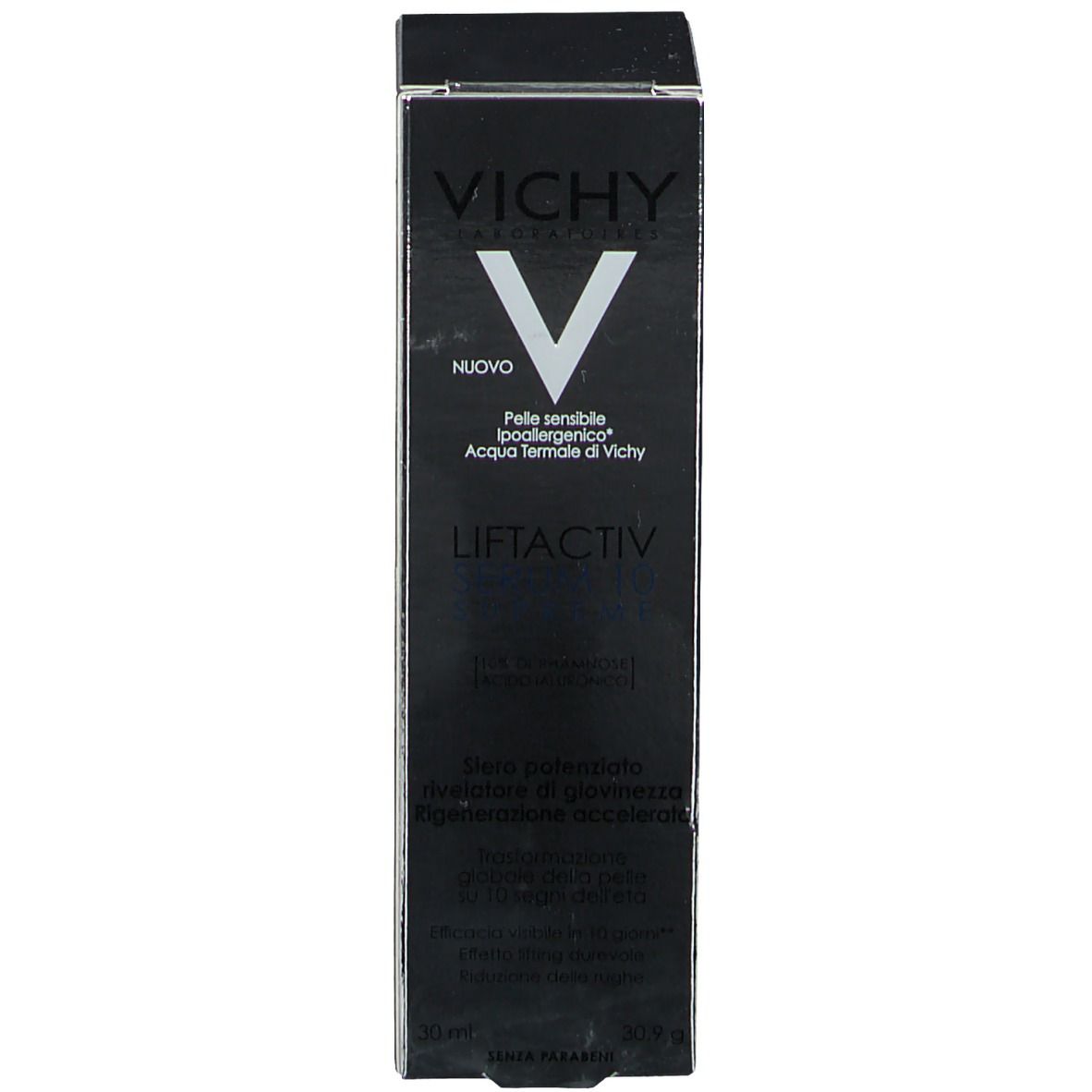 Schwarze Schachtel. Aufschrift: VICHY, LIFTACTIV. Text in mehreren Sprachen.