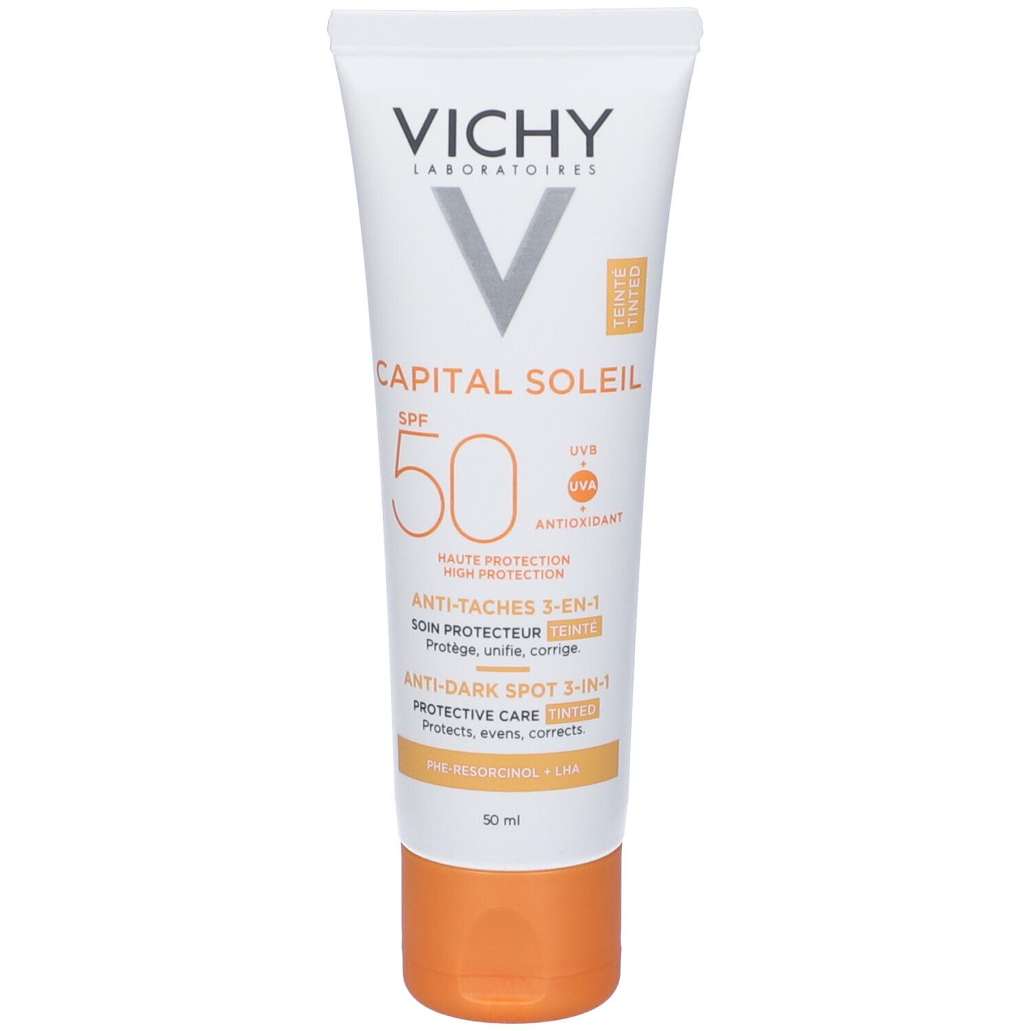 Weiße Tube mit orangefarbenem Verschluss. Aufschrift: VICHY, CAPITAL SOLEIL SPF 50. Text: Anti-Flecken 3-in-1.
