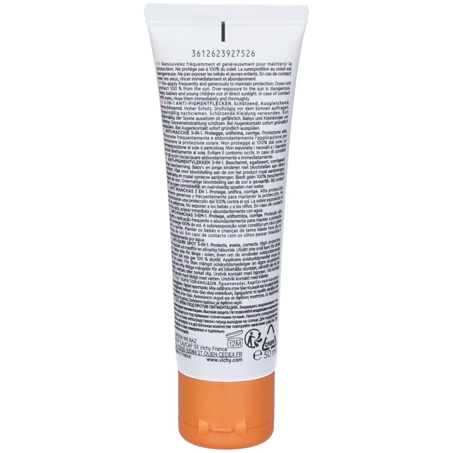 Rückseite einer weißen Tube mit Text. Orangefarbener Verschluss. Text: 3612623927526, 50 ml.