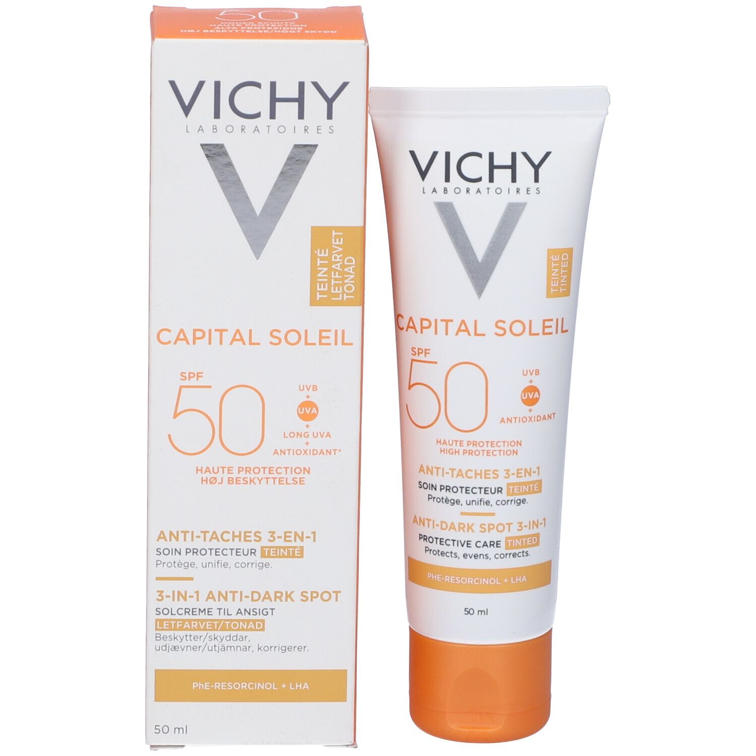 Produktverpackung und Tube. Aufschrift: VICHY, CAPITAL SOLEIL SPF 50. Text: Anti-Flecken 3-in-1. Orangefarbene Akzente.