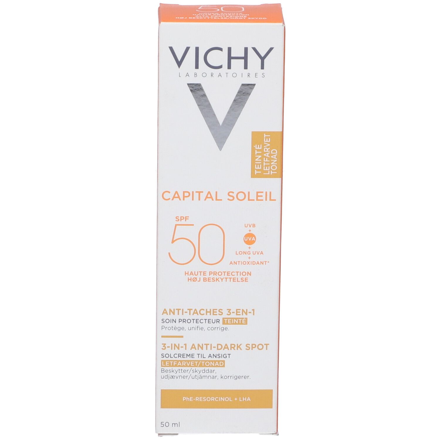 Produktverpackung. Aufschrift: VICHY, CAPITAL SOLEIL SPF 50. Text: Anti-Flecken 3-in-1. Orangefarbene Akzente.