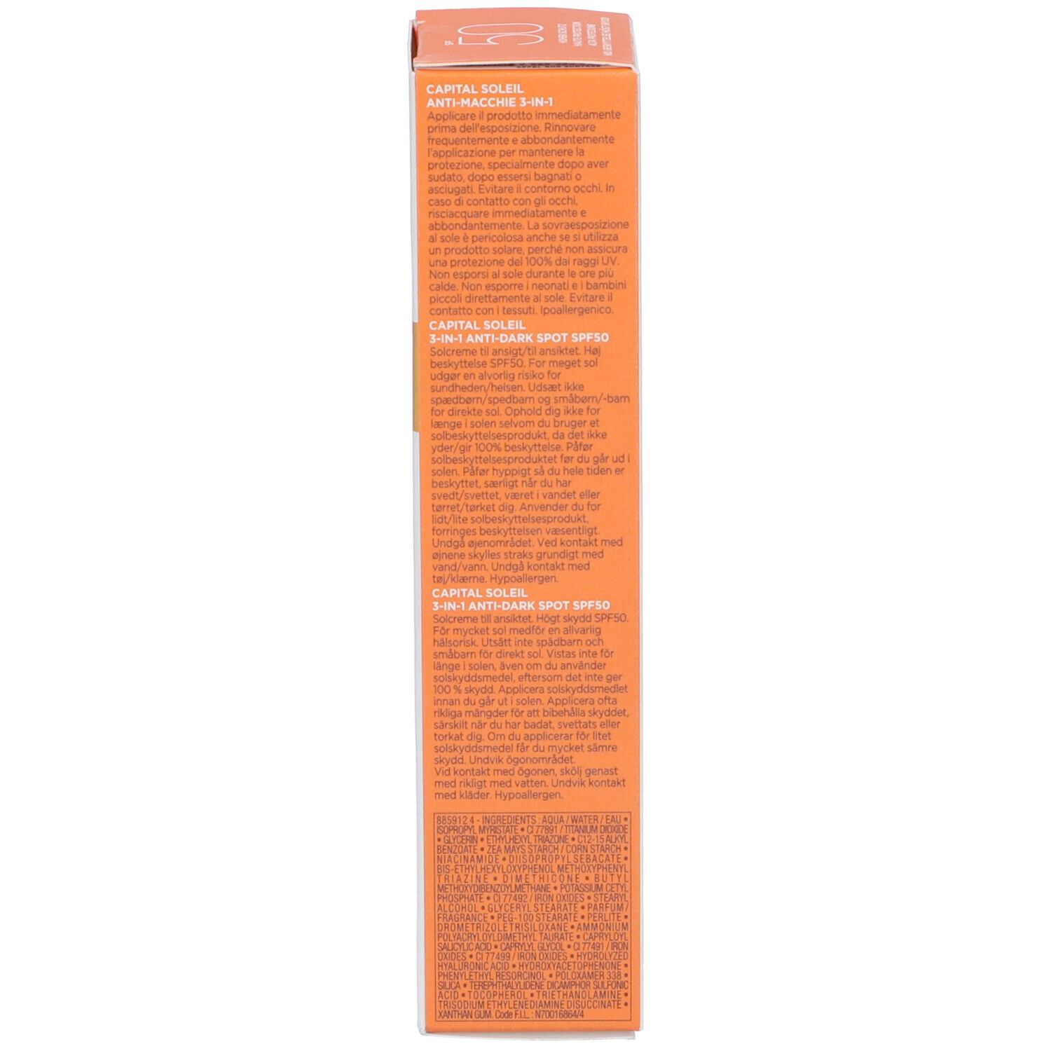 Schmale Produktverpackung. Text auf orangefarbenem Hintergrund. Aufschrift: VICHY, CAPITAL SOLEIL SPF 50.